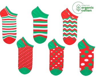 6 pairs Low Cut Christmas Design Socks Set - Striped and Polka Dots Socks Set for Noel Party - Sneaker and Everyday Organic Cotton Stocking