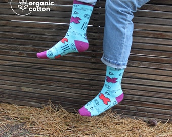 Calcetines geométricos de algodón orgánico: estampado morado y turquesa
