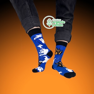 Organic Cotton Halloween Ghost Socks - Spooky Style for the Season - Black and Blue Socks for Men and Women - Custom Casual Unisex Socks