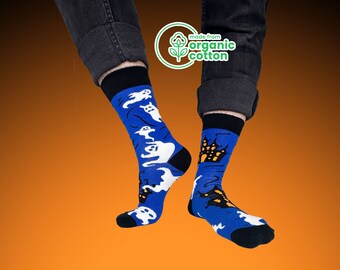 Organic Cotton Halloween Ghost Socks - Spooky Style for the Season - Black and Blue Socks for Men and Women - Custom Casual Unisex Socks