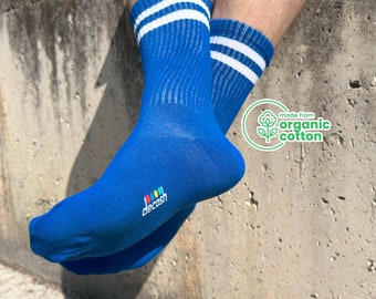 6 Pairs of Athletic Crew Royal Blue Socks - Organic Cotton Breathable Tube Socks with Stripes - Running and Training Performance Sport Socks