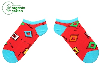 Calcetines tobilleros de algodón orgánico: estampado de cuadrados rojos y turquesas