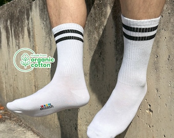 6 Pairs of Athletic Crew White Socks - Organic Cotton Breathable Tube Socks with Stripes - Running and Training Performance Sport Socks