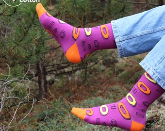 Calcetines de algodón orgánico: estampado geométrico circular naranja y morado