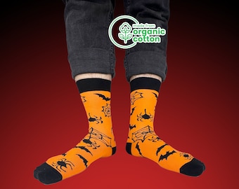 Calcetines de Halloween de algodón orgánico: diseño de murciélago y telaraña