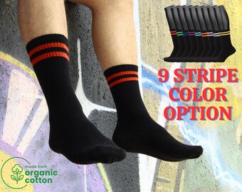 Calcetines negros de algodón orgánico: deportivos hasta la rodilla con rayas