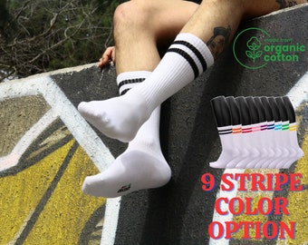 3 Pairs of Tennis Socks - Athletic Knee High Tennis Socks - Organic Cotton White Tube Socks with Stripes