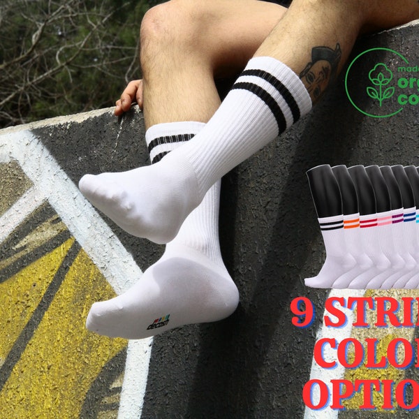 3 Pairs of Tennis Socks - Athletic Knee High Tennis Socks - Organic Cotton White Tube Socks with Stripes