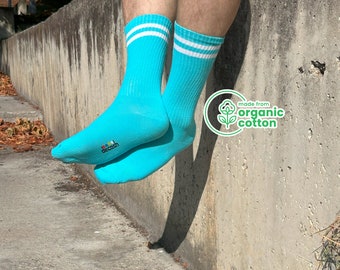 6 paires de chaussettes ras du cou en coton bio turquoise : chaussettes de sport à rayures