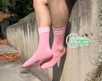 6 Pairs of Athletic Crew Pink Socks - Organic Cotton Breathable Tube Socks with Stripes - Running and Training Performance Sport Socks