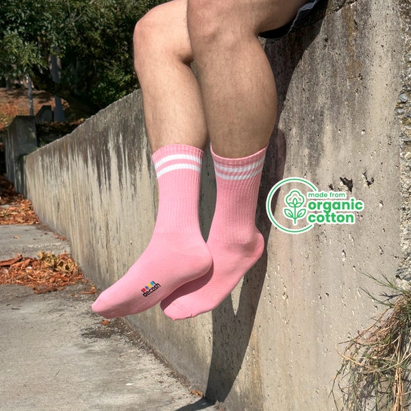 6 Pairs of Athletic Crew Pink Socks - Organic Cotton Breathable Tube Socks with Stripes - Running and Training Performance Sport Socks