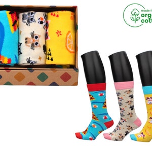 3 Pairs Cat Pattern Socks with Gift Box - Cute Organic Women&#39;s Stocking - Colorful Animal Socks Set of 3 - Colorful Winter Socks Set