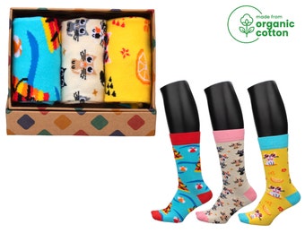 Conjunto de calcetines con estampado de gatos: medias de punto de algodón orgánico para mujer
