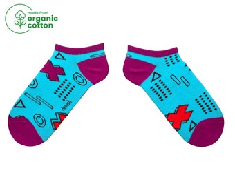 Calcetines tobilleros geométricos de algodón orgánico: estampado XOX colorido