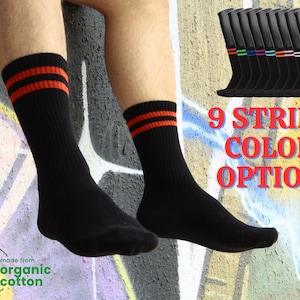 3 Paar Tennissocken - Athletische Kniestrümpfe - Schwarze Bio-Baumwolle Schlauchsocken mit Streifen