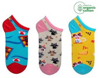 Katzenmuster Ankle Socken - Bio Baumwolle gestrickt, 3er Set