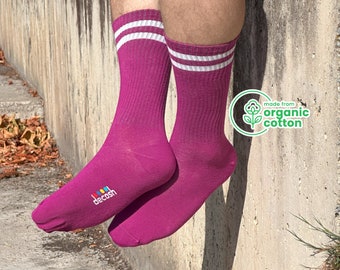 6 Pairs of Athletic Crew Purple Socks - Organic Cotton Breathable Tube Socks with Stripes - Running and Training Performance Sport Socks