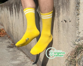 6 pares de calcetines deportivos de algodón orgánico - Calcetines de tubo de rayas amarillas