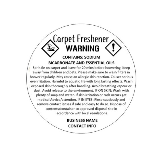 Carpet Freshener Personalised CLP Labels, Detailed Ingredients, Custom Business Logo CLP, Safety Labels, Sheet or Roll CLP Labels