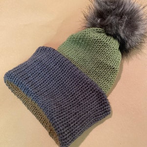 Double Layer Hand Knitted Hat - Pink & Gray with Gray Poof