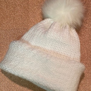 Hand Knitted Beanie Hat with Brim - White - with White Poof