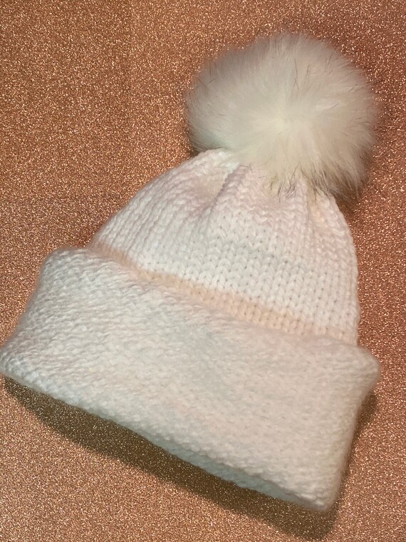 Hand Knitted Beanie Hat with Brim - White - with White Poof