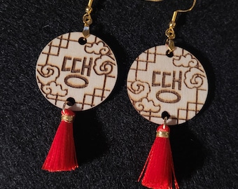 Boucles d'oreilles Ddaeng cercle en bois rouge à pampilles | Accessoire bijoux pour boucles d'oreilles pendantes pour fan de BTS Kpop | Boucles d'oreilles crochet