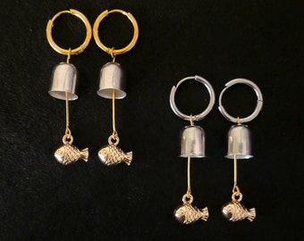 Fish Wind Chime Bungeoppang Inspired Earrings for BTS RM fan | Gold Dangle Earrings Jewelry Accessory for Kpop fan | Hoop Drop Earrings