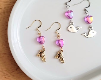 Borahae Purple Heart Teddy Bear Whale Earrings | Dangle Earrings Jewelry Accessory for BTS Kpop fan | Hook Earrings
