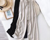 Loose plus size nine-point linen pants elastic waist casual straight-leg Zen wide-leg pants