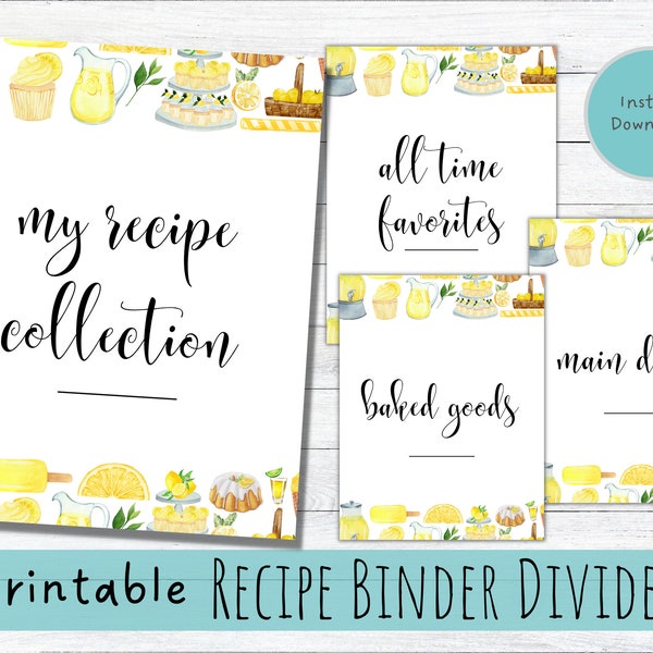 Recipe Binder Printable Dividers with Recipe Cover for DIY Family Recipe Book Watercolor Yellow Lemon Themed Instant Download