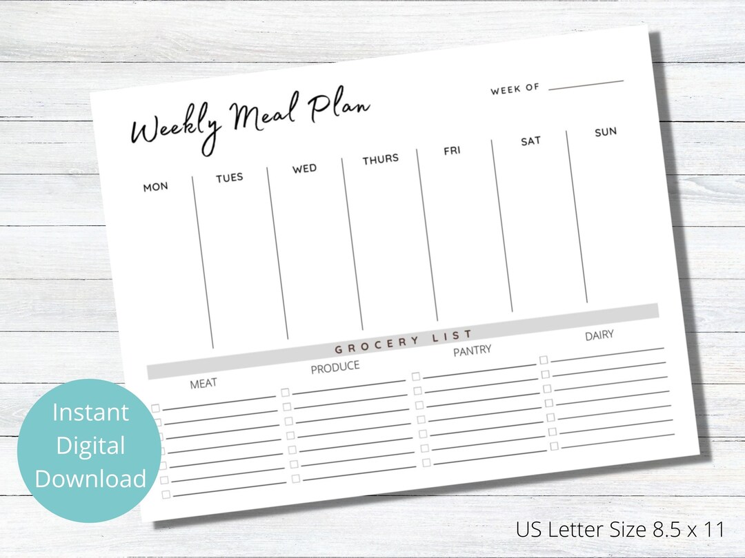 Printable Weekly Meal Planner With Grocery List, Food Journal Meal ...