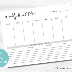 Printable Weekly Meal Planner with Grocery List, Food Journal Meal Tracker, Diet and Fitness