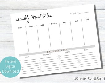 May include: A printable weekly meal planner with a grocery list. The planner has sections for each day of the week, Monday through Sunday. The grocery list has sections for meat, produce, pantry, and dairy.