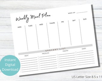 Weekly Meal Planner with Printable Grocery List, Downloadable