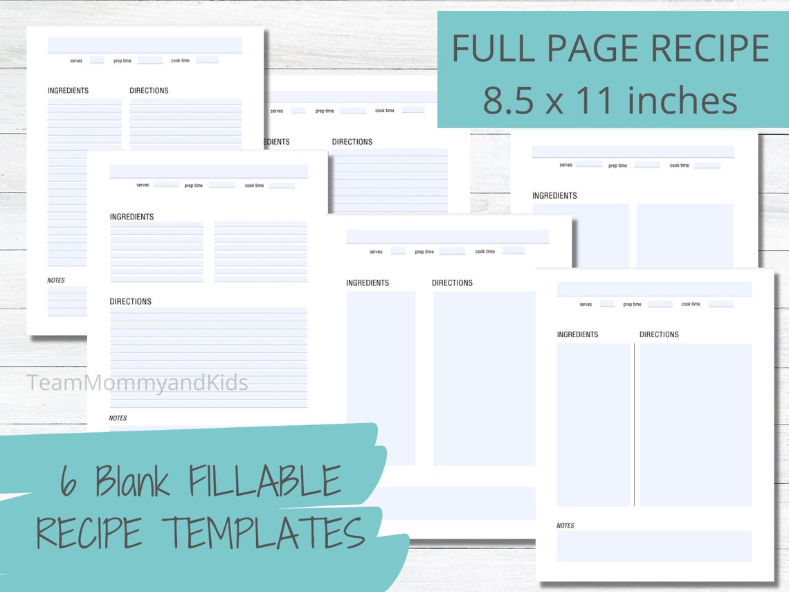 Printable Recipe Binder Kit, Blank Printable Recipe Page Template, PDF ...