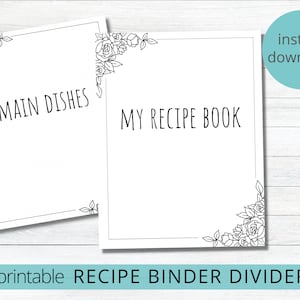 Könnte beinhalten: Druckbare Rezept-Ordner-Teiler mit floralen Eckdesigns. Die Teiler sind mit "Hauptgerichte" und "Mein Rezeptbuch" beschriftet.