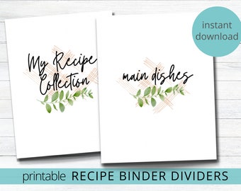 Recipe Binder Printable Dividers with Recipe Cover for DIY Family Recipe Book Leaf Design Instant Download