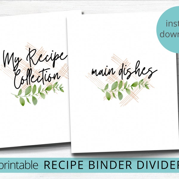 Recipe Binder Printable Dividers with Recipe Cover for DIY Family Recipe Book Leaf Design Instant Download