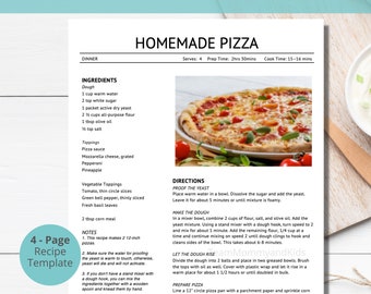 May include: A recipe template for homemade pizza, featuring a photo of a finished pizza. The recipe includes ingredients like flour, yeast, and toppings such as pepperoni and pineapple. The template is designed to make two 12-inch pizzas.