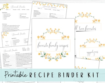 May include: Printable recipe binder kit with a floral design featuring yellow flowers. The kit includes dividers for "all time favorites", "appetizers", and "favorite family recipes".