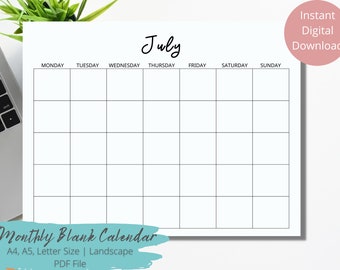 May include: A printable blank calendar for the month of July. The calendar is in landscape orientation and includes the days of the week: Monday, Tuesday, Wednesday, Thursday, Friday, Saturday, and Sunday. The calendar is designed for A4, A5, and Letter size paper.