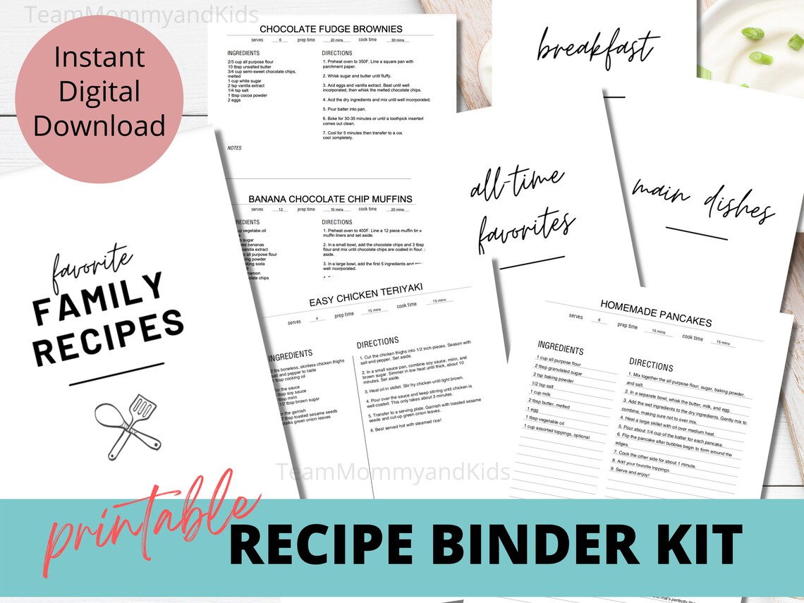 Printable Recipe Binder Kit, Blank Printable Recipe Page Template, PDF ...