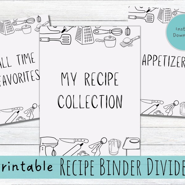 Recipe Binder Printable Dividers with Recipe Cover for DIY Family Recipe Book Utensil Themed Design, Coloring Book Binder, Instant Download