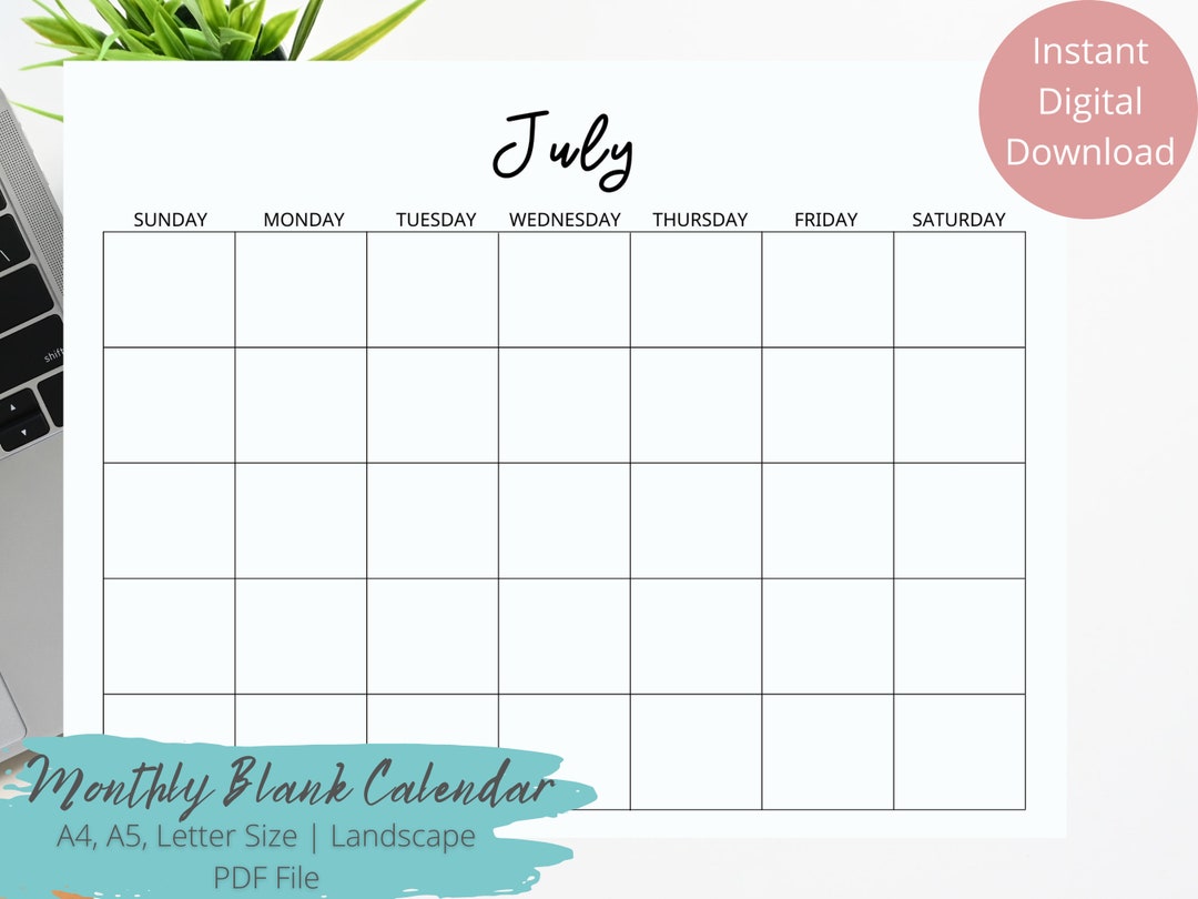Printable Blank Monthly Calendar Sunday Start Undated Planner Instant ...