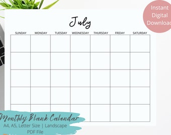 Printable Calender, Blank Monthly Calendar Sunday Start, Undated Monthly Planner Printable, Instant Download