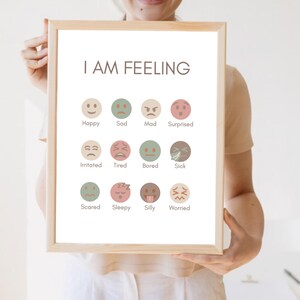 Afdrukbare gevoelensgrafiek voor kinderen, emotionele regulatie Kalmerende hoekposter voor therapiekantoor BOHO-decor
