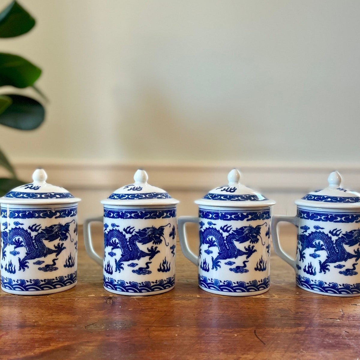 Vintage Dragon Covered Mugs, Set of 4