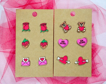 6 Pair Valentine's Day Stud Earrings • Love and Heart Earrings  •  Hand Painted  Earrings •  Be Mine Earrings Valentine's Day Gift Earrings