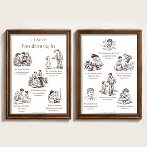 May include: Two framed prints with brown wooden frames. Each print features black and white illustrations and German text about family values. The prints include images of people interacting, such as children with parents and siblings. The text includes phrases like "love," "trust," and "forgiveness."